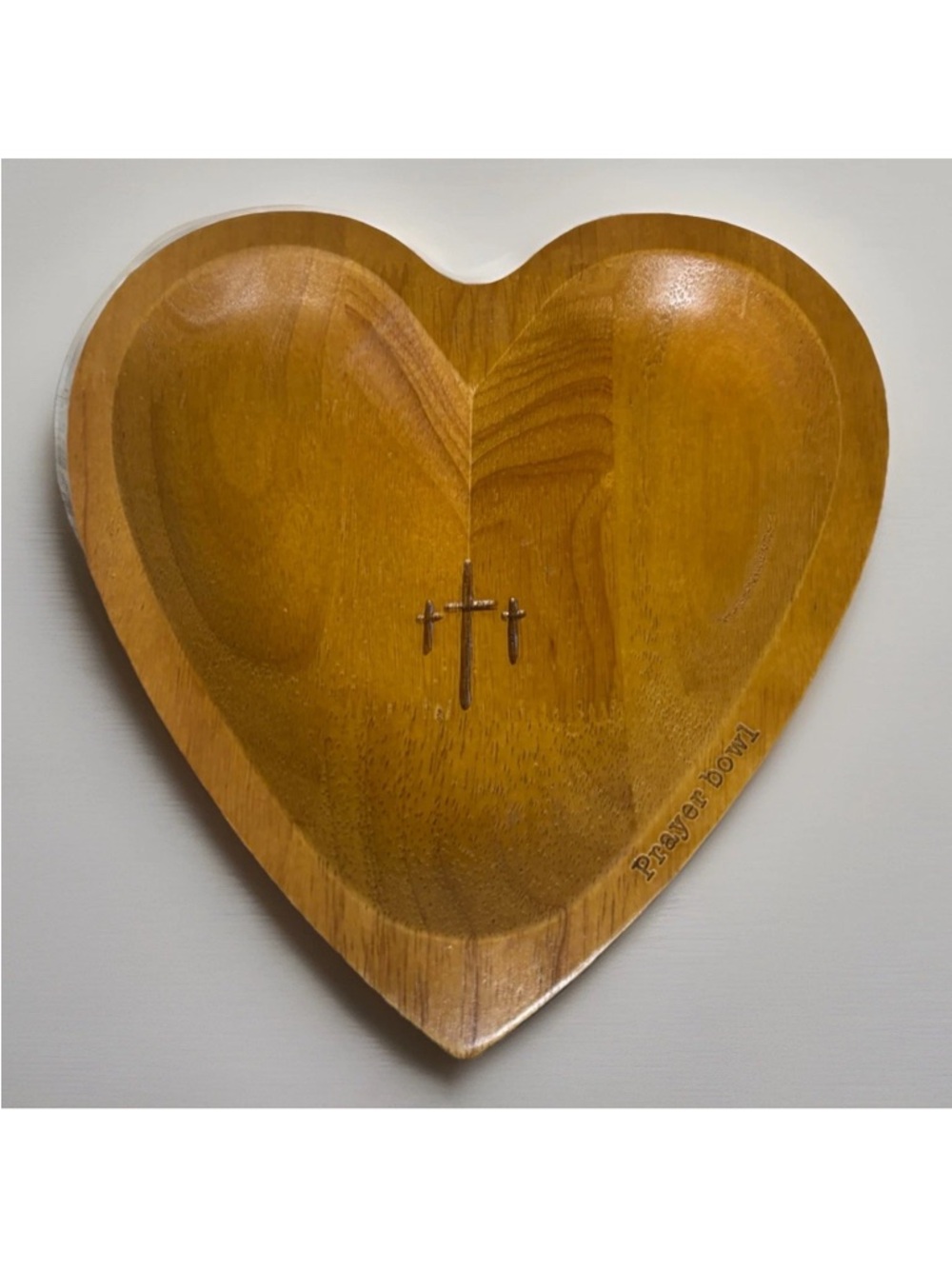 Heart-Shaped Wooden Prayer Bowl with Cross Detail - Natural Brown